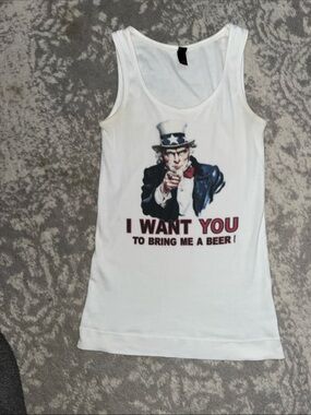 District White Tank Top with Uncle Sam Beer Graphic